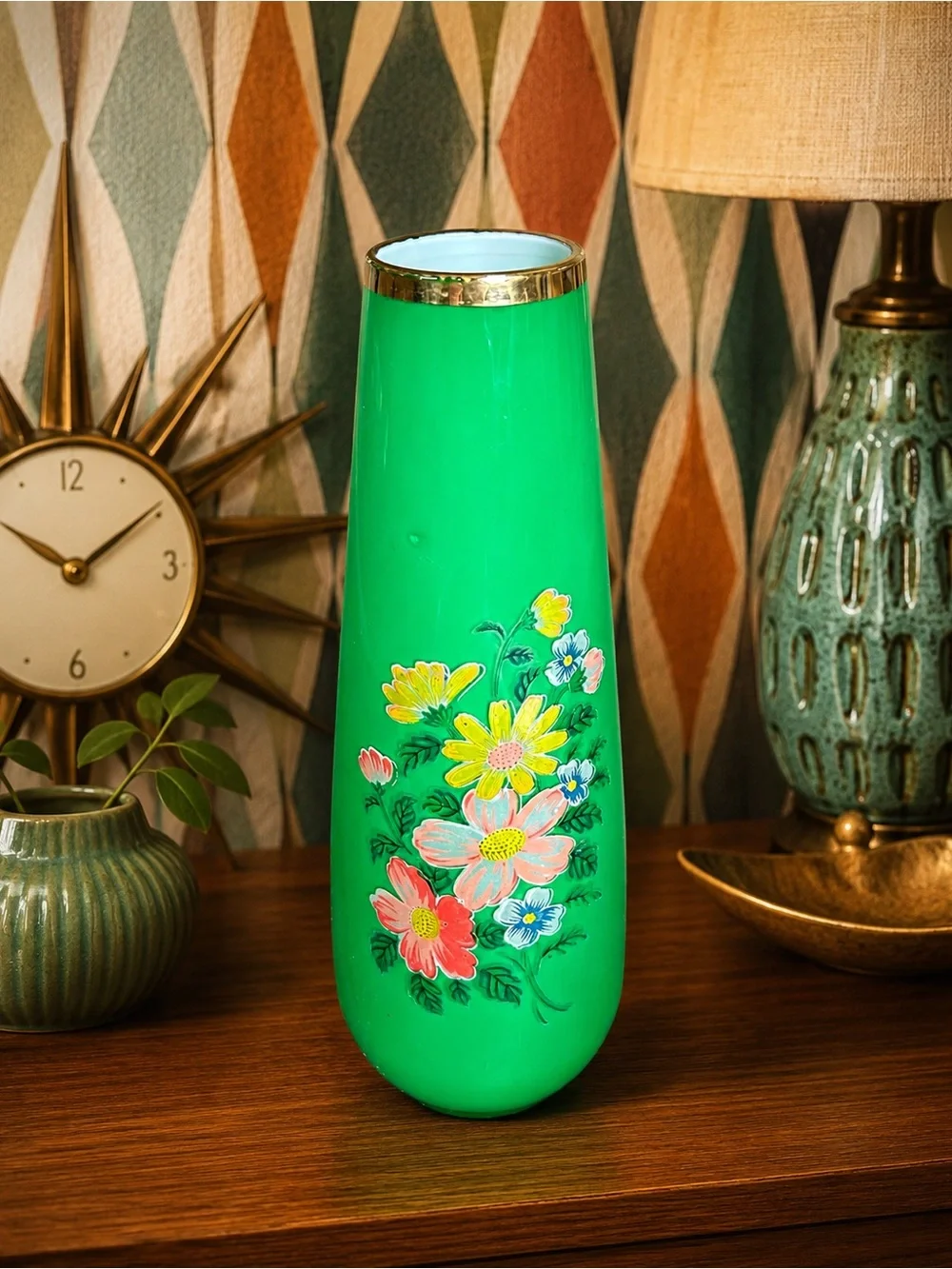 Vintage Emerald Green Art Glass Vase Hand Painted Enamel Floral Gold Trim 9” MCM